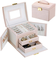 将图片加载到图库查看器，RovyFota Jewellery Box, Upgraded Three Layers Travel Jewelry Storage with Drawers, Mirror and Lock Jewelry Storage Box Case for Rings Earrings Necklace Bracelets, Faux Leather Jewelry Gift Box Girls Women
