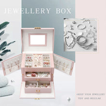 将图片加载到图库查看器，RovyFota Jewellery Box, Upgraded Three Layers Travel Jewelry Storage with Drawers, Mirror and Lock Jewelry Storage Box Case for Rings Earrings Necklace Bracelets, Faux Leather Jewelry Gift Box Girls Women
