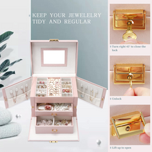 将图片加载到图库查看器，RovyFota Jewellery Box, Upgraded Three Layers Travel Jewelry Storage with Drawers, Mirror and Lock Jewelry Storage Box Case for Rings Earrings Necklace Bracelets, Faux Leather Jewelry Gift Box Girls Women
